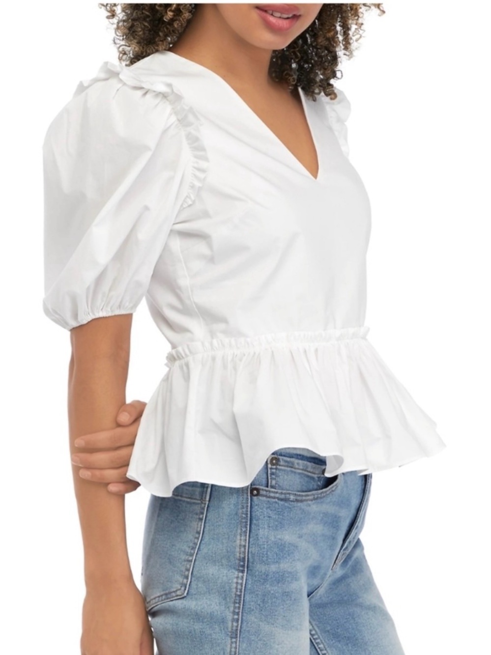English Factory White V-Neck Ruffle Peplum Blouse